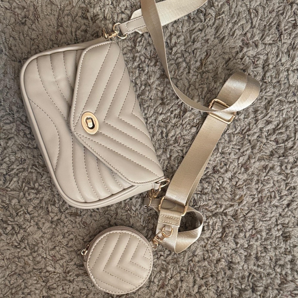 Faux D1OR-Style Taupe Quilted Crossbody Bag w/ wallet & coin purse!